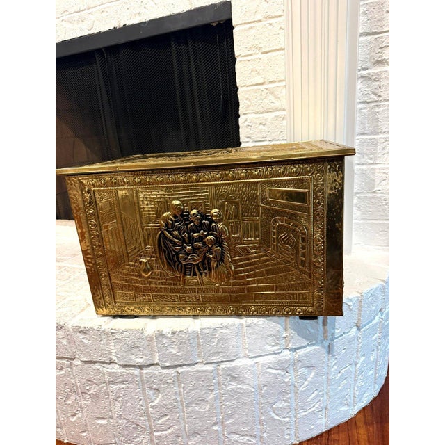 Vintage Embossed Brass Clad Wood Hearth Storage Chest European Family Scene For Sale - Image 12 of 12