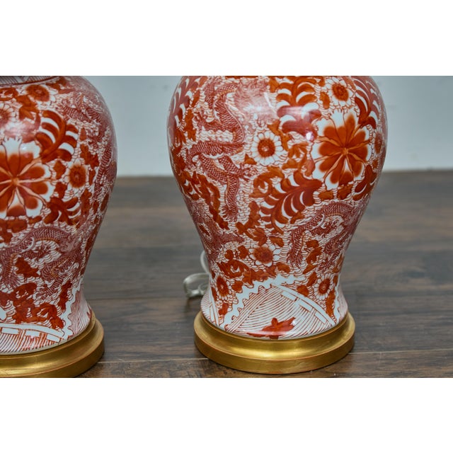 Pair of Red and White Porcelain Dragon Temple Jar Table Lamps For Sale - Image 10 of 12