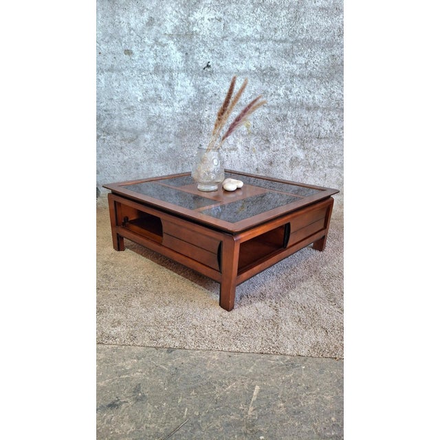 Square Coffee Table in Wood with Black Glass Top, 1990s For Sale - Image 4 of 13