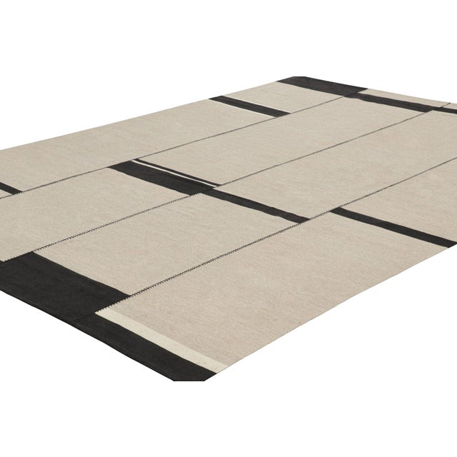 Rug & Kilim Rug & Kilim’s Contemporary Kilim, Taupe With White and Black Textural Stripes For Sale - Image 4 of 7