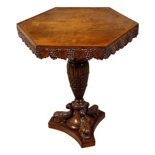 English 19th Century Walnut Pedestal Side Table with Carved Grapes and Dolphins For Sale