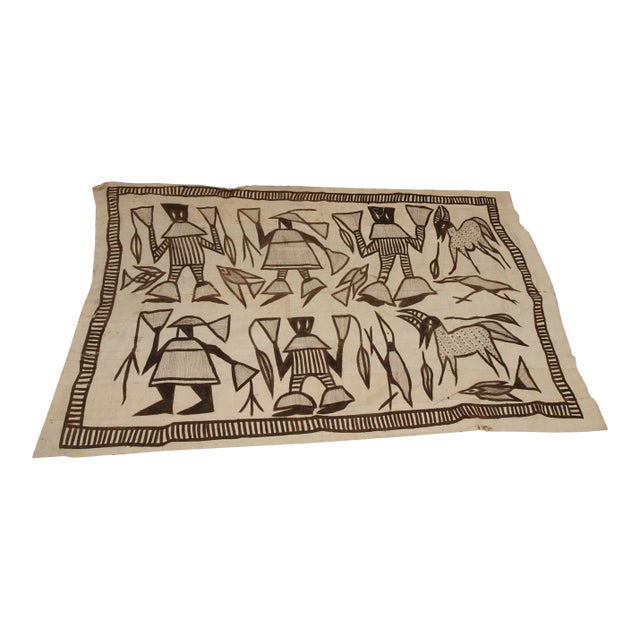 Vintage White African Hand Painted Linen Cloth Textiles Geometric Figures For Sale