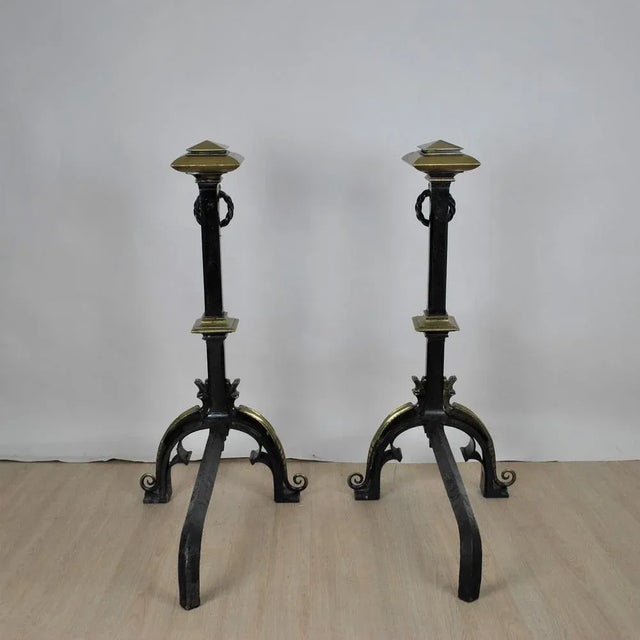 Gothic Style Bronze and Iron Andirons, 19th Century, Set of 2 For Sale - Image 13 of 16