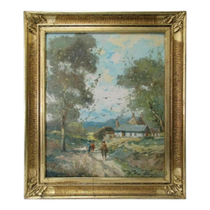 1920's Listed Artist Walter Wurst Landscape O/B Original Gold Gilt Lemon Scoop Frame.