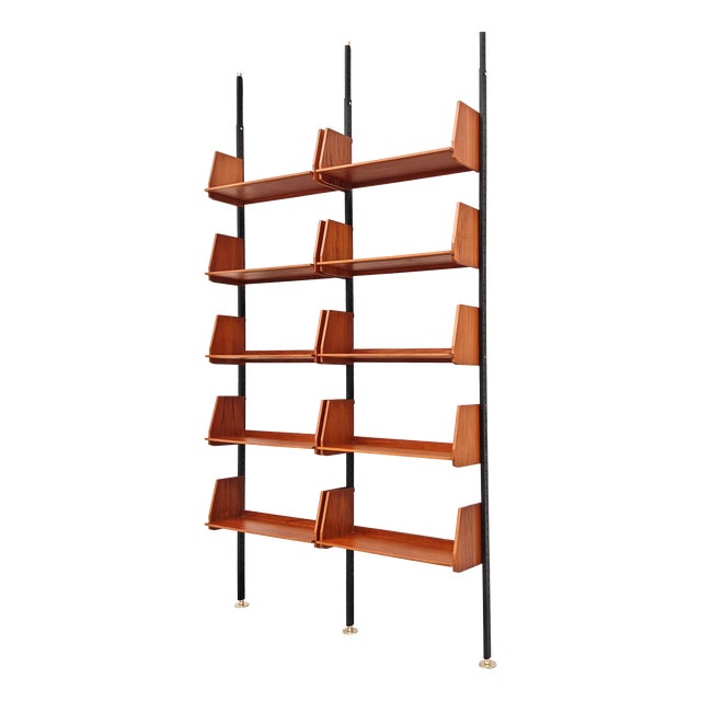 Vintage Swedish Cielo Terra Bookcase in Teak Wood, Black Metal Uprights and Brass Ends, 1950s For Sale