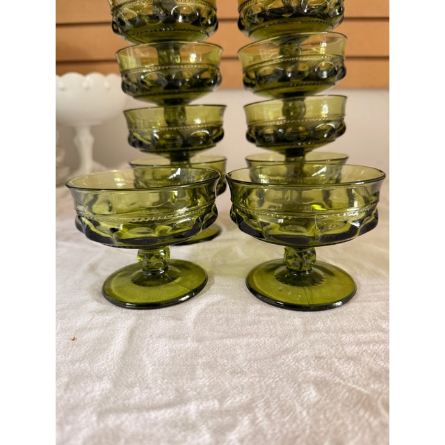 Mid 20th Century Vintage Indiana Green Glass Kings Crown Thumbprint Dessert Cups/Dishes - Set of 12 For Sale - Image 5 of 6