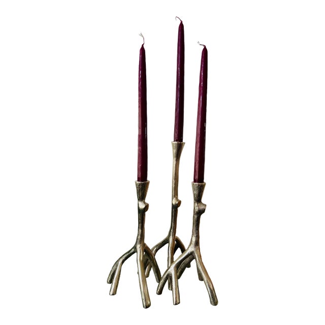 Set of Three Mid-Century Modern Branch-Form Silvered Metal Candlesticks With Burgundy Tapers For Sale