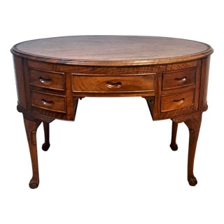 Antique Oval Wood Desk Louis XV Style 5 Drawer Carved Floral Border C1900 For Sale