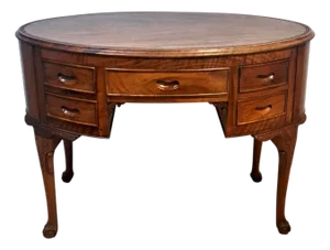 Antique Oval Wood Desk Louis XV Style 5 Drawer Carved Floral Border C1900