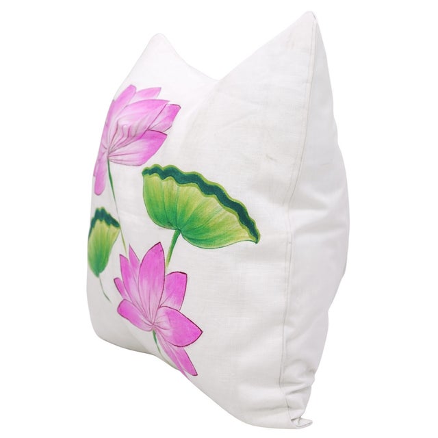 Art Deco Fabdivine Pure White Linen Handmade Block Print Floral Design Throw Pillow Cover 16x16 Inches - Kamal For Sale - Image 3 of 5