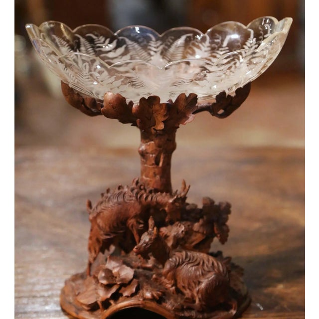 Rustic 19th Century Swiss Black Forest Carved Walnut and Etched Crystal Centerpiece For Sale - Image 3 of 13