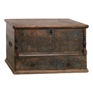 19th Century Blue Painted Carved Flat Top Trunk With Drawer From Hungary For Sale