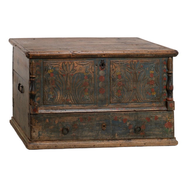 19th Century Blue Painted Carved Flat Top Trunk With Drawer From Hungary For Sale