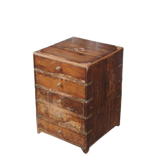 Campaign Antique English Campaign Anglo Indian Teak Brass Inlay Military Chest of Drawers For Sale - Image 3 of 11