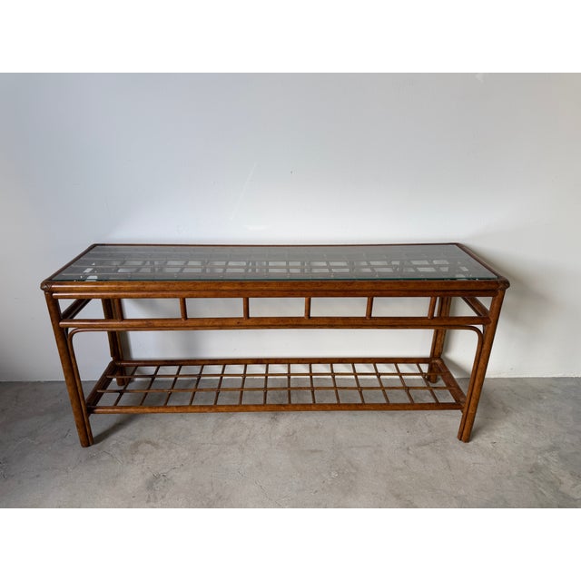 1970's Vintage Coastal Geometric Rattan & Glass Top Console Table For Sale - Image 4 of 16