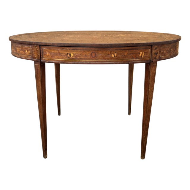 Vintage Oval Marquetry Side Table with Drawer, 1920 For Sale