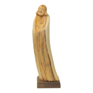 Chinese Cypress Wood Carved Irregular Shape Happy Buddha Statue For Sale
