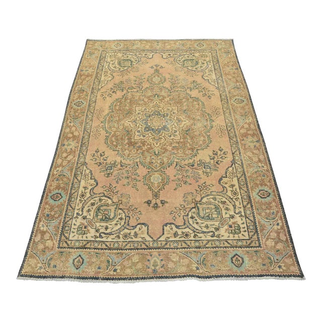 Tabriz Rug 6’2” X 9′ Pink Wool Vintage Distressed Hand-Knotted Oriental Carpet For Sale