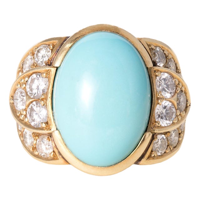 Vintage Italian 18k Gold 10 Carat Turquoise Oval and 2.32 Carats Diamond Ring, Size 6 For Sale
