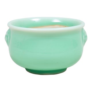 Chinese Monochrome Glaze Celadon Censer Bowl With Lion Mask Handles For Sale