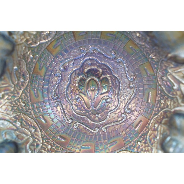 Antique Fenton Cobalt Blue Iridescent Carnival Glass Persian Medallion Compote For Sale - Image 12 of 12