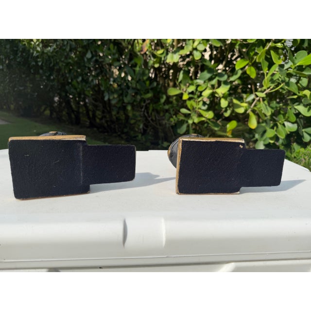 Vintage Neoclassical Greek Corinthian Helmet Bookends in Black & Gilt Finish, a Pair For Sale - Image 9 of 10