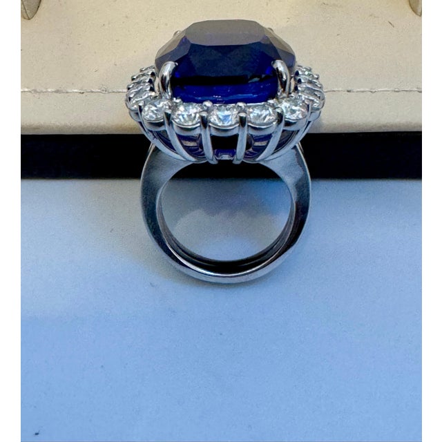 2010s 43.74 Ct Cushion-Cut Tanzanite & 4 Ct Diamond Ring in 14K White Gold Size 6.5 For Sale - Image 5 of 18