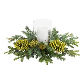 Mixed Winter Pine Cone Candle Holder with Glass Hurricane 18"D For Sale