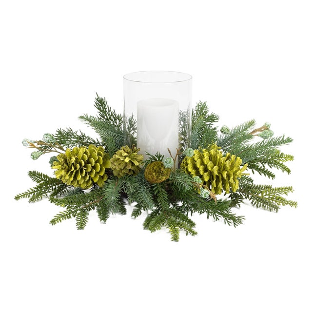 Mixed Winter Pine Cone Candle Holder with Glass Hurricane 18"D For Sale