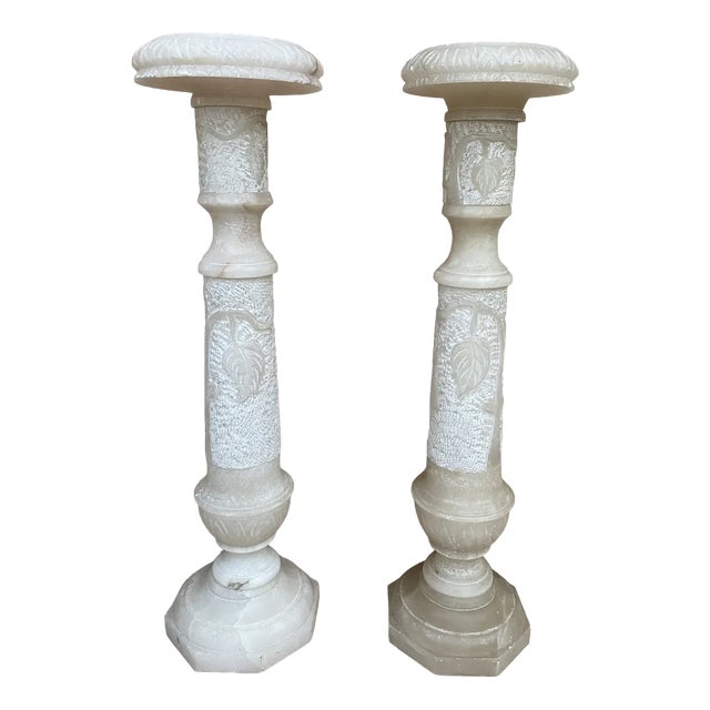 Italian Empire Carved Carrara Marble Pedestal Tables, 1890s, Set of 2 For Sale