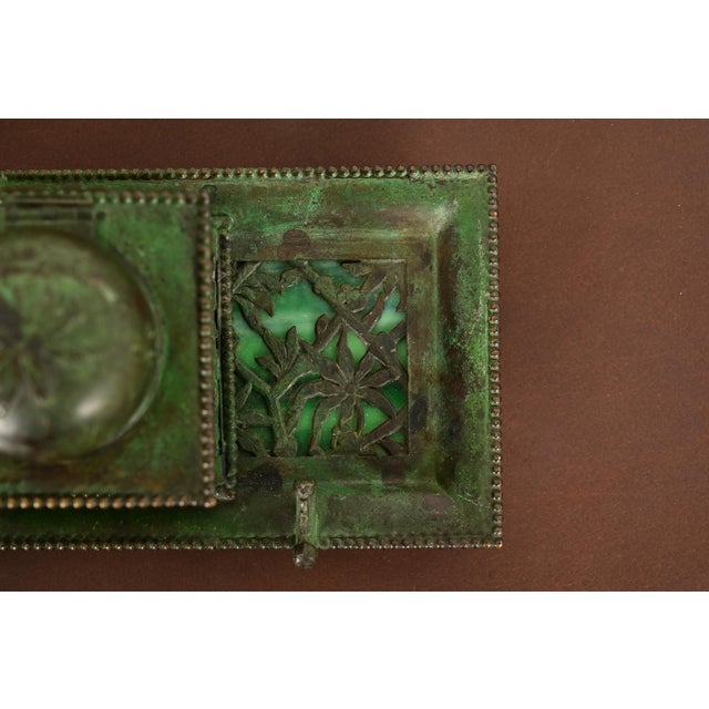 Apollo Studios New York Arts & Crafts Grapevine Pattern Bronze and Slag Glass Inkwell With Pen Holder For Sale In South Bend - Image 6 of 14