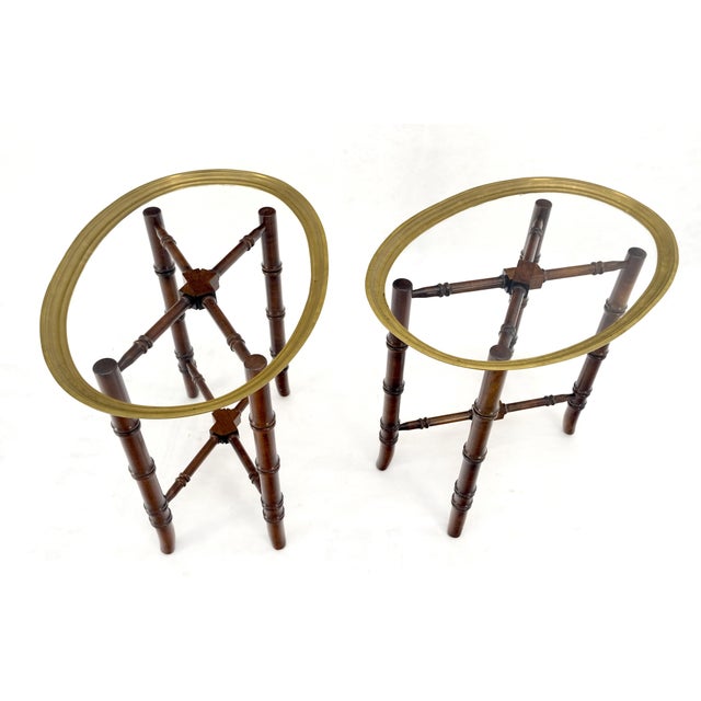 Pair Oval Brass Gallery Glass Top Faux Bamboo Bases End Side Tables Stands MINT For Sale - Image 10 of 16