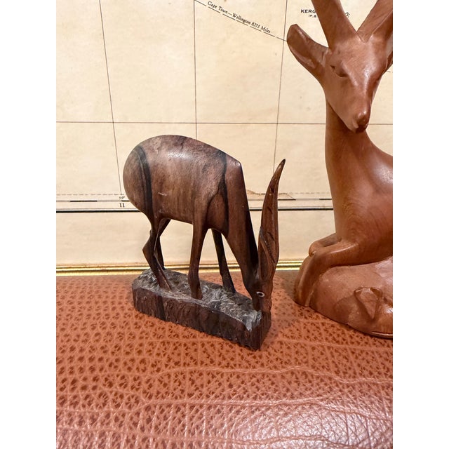 Vintage Hand-Carved Wooden Antelope Sculptures – African Safari Style Decor, Organic Modern Pair For Sale In Des Moines, IA - Image 6 of 7