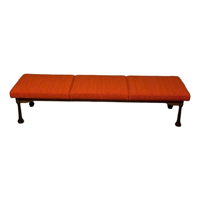 Long Bench in Stained Wood and Fabric, 1960s For Sale