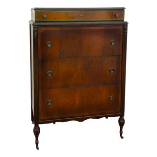 Antique 4-Drawer Wood Tallboy Chest of Drawers With Painted Accents For Sale