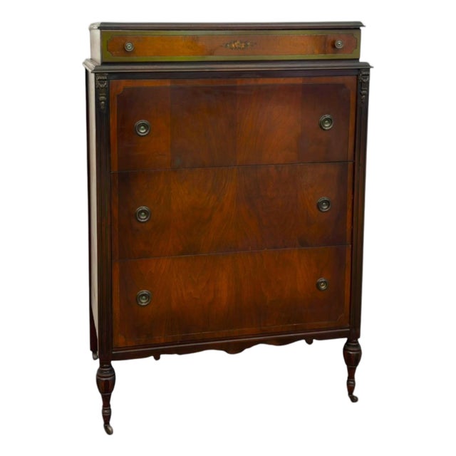 Antique 4-Drawer Wood Tallboy Chest of Drawers With Painted Accents For Sale