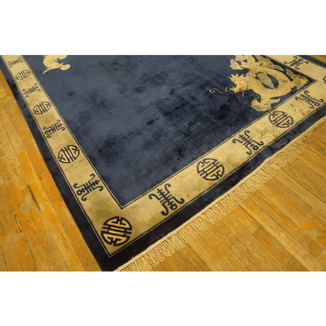 1980s Navy Open Field Vintage Chinese Silk Dragon & Phoenix Carpet Knotted Rug For Sale In New York - Image 6 of 12