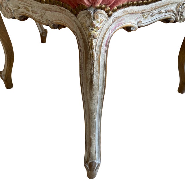 French Provincial Pair of 19th Century French Provincial Mohair Footstools - Carved Serpentine Frames, Custom Finish and Dusty Rose Upholstery For Sale - Image 3 of 16