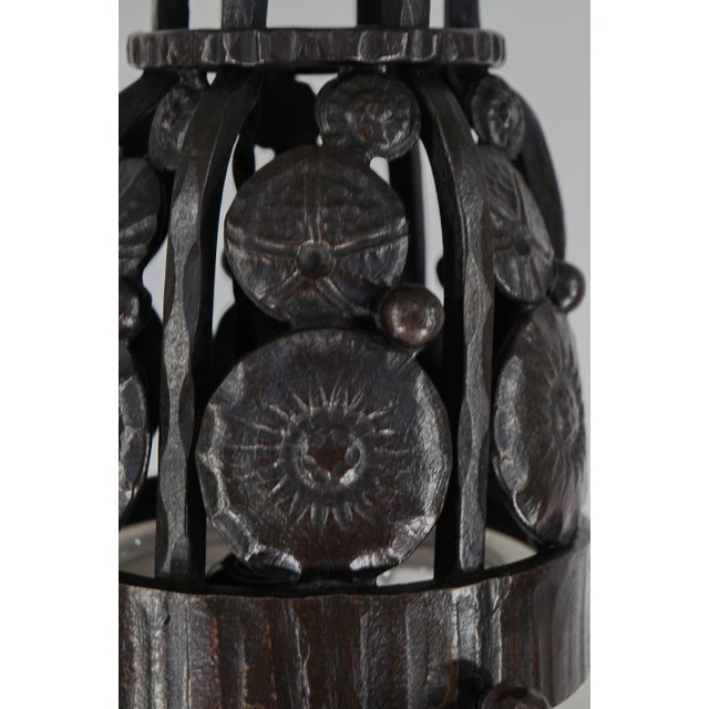 Transparent 1930s Muller Freres & Vasseur French Art Deco Peacock Glass & Wrought Iron Pendant Light For Sale - Image 8 of 13