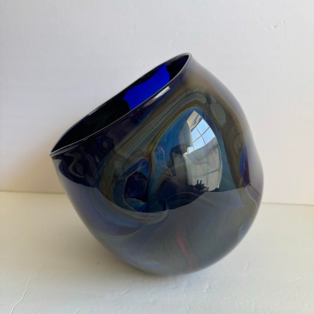 Vintage Blue Art Glass Vase Organic Bowl XL Center Piece Red Green Swirl For Sale - Image 11 of 11