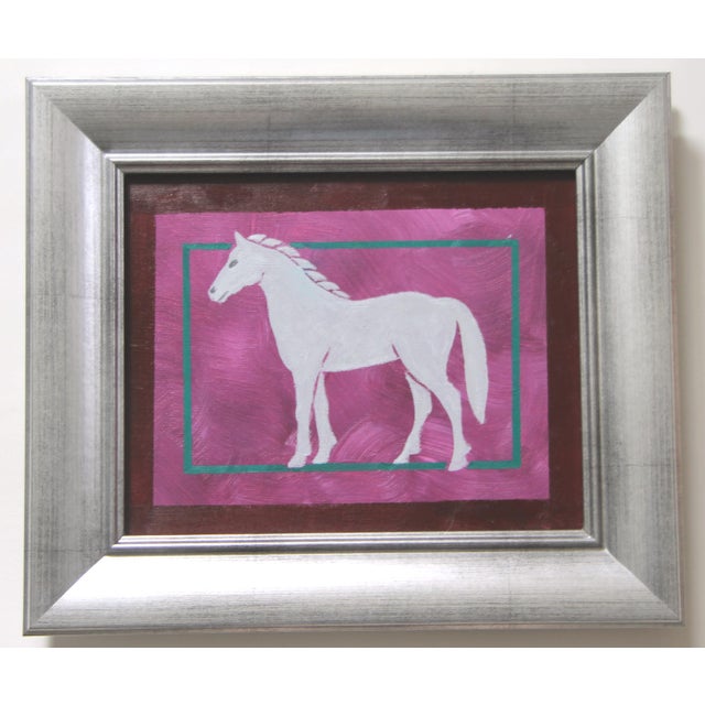 An elegant horse in pale gray, raspberry pink and dark green and burgundy border. Minimalism, Contemporary, Folk Art,...