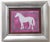 An elegant horse in pale gray, raspberry pink and dark green and burgundy border. Minimalism, Contemporary, Folk Art,...
