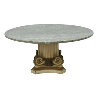 Early 20th Century French Empire Round Marble Top Corinthian Column Wood Pedestal Base Coffee Table For Sale