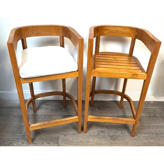 Pair Architectural Solid Teak Bar Stools Attributed to Palecek, Organic Modern For Sale - Image 10 of 14