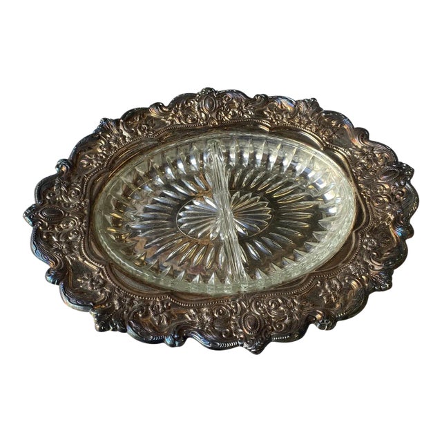 1970s Silver-Tone Metal & Crystal Dish With Segments For Sale
