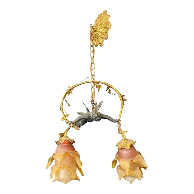 French Art Nouveau Bonze Flying Putto Cherub & Lalique Frosted Glass Tulip Shades For Sale