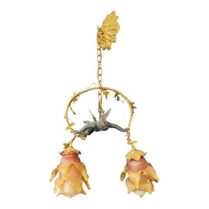 French Art Nouveau Bonze Flying Putto Cherub & Lalique Frosted Glass Tulip Shades