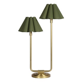 Polly Double Arm Table Lamp, Natural Brass with Olive Scalloped Shade For Sale