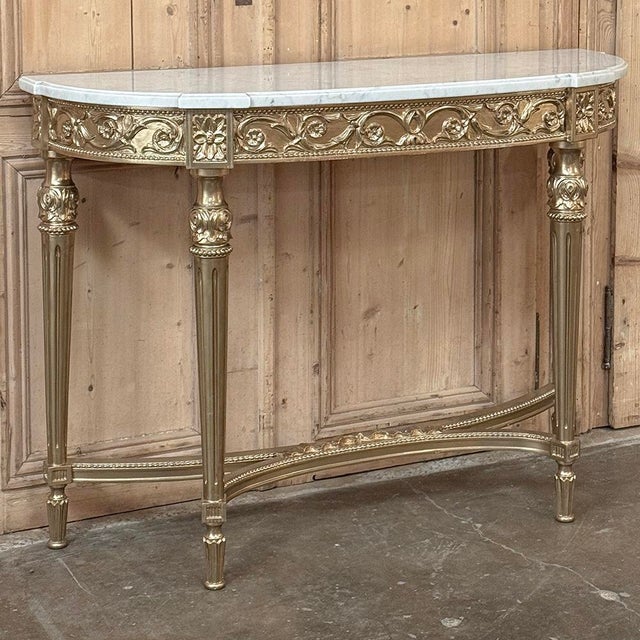 French Antique French Louis XVI Giltwood Demilune Console With Carrara Marble For Sale - Image 3 of 15