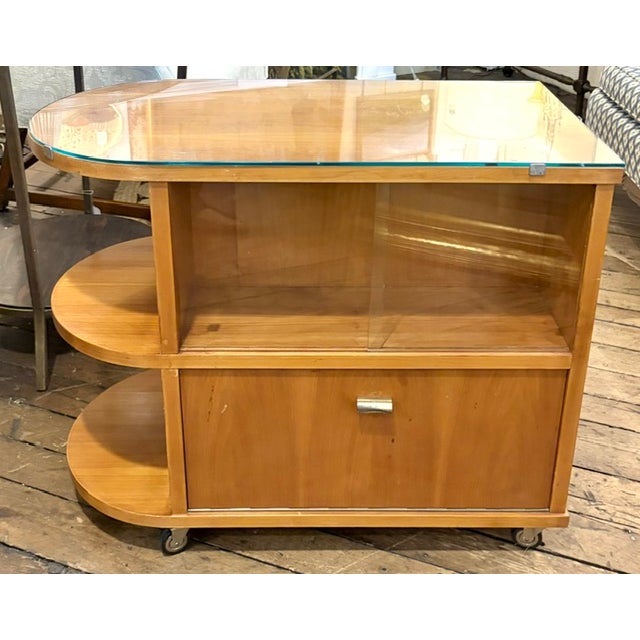 Mid Century Art Deco Rolling Bar Cart With Drop Front and Glass Bar Storage on the Reverse. For Sale - Image 10 of 10